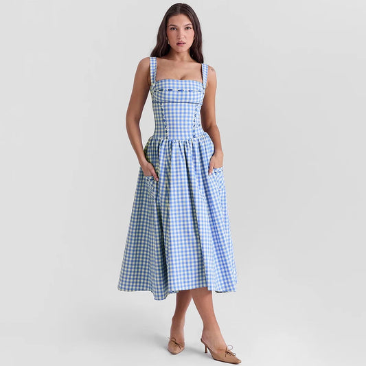 Blue Plaid Midi Dress