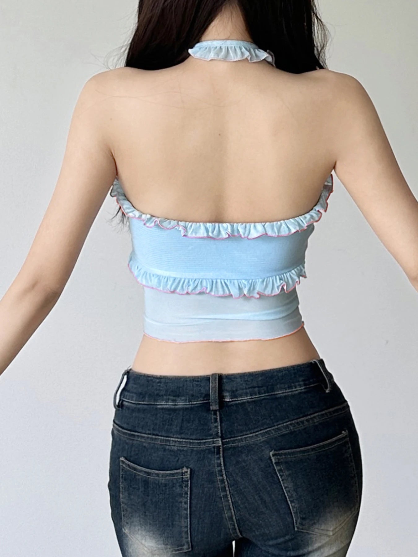 Blue See Through Flower Backless Top