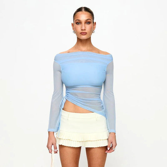 Blue See Through Off Shoulder Top