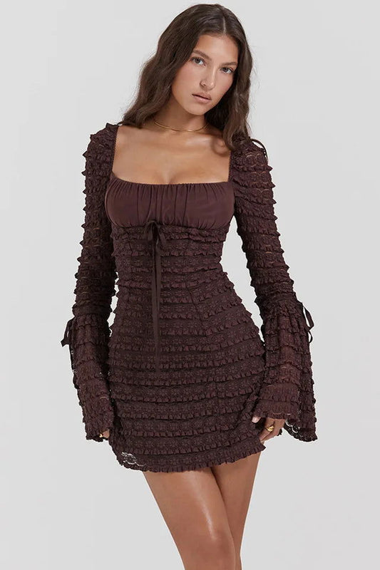 Brown Flare Sleeve Mini Dress