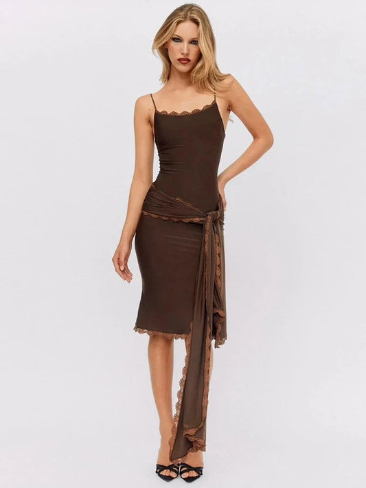 Brown Lace Backless Midi Dress