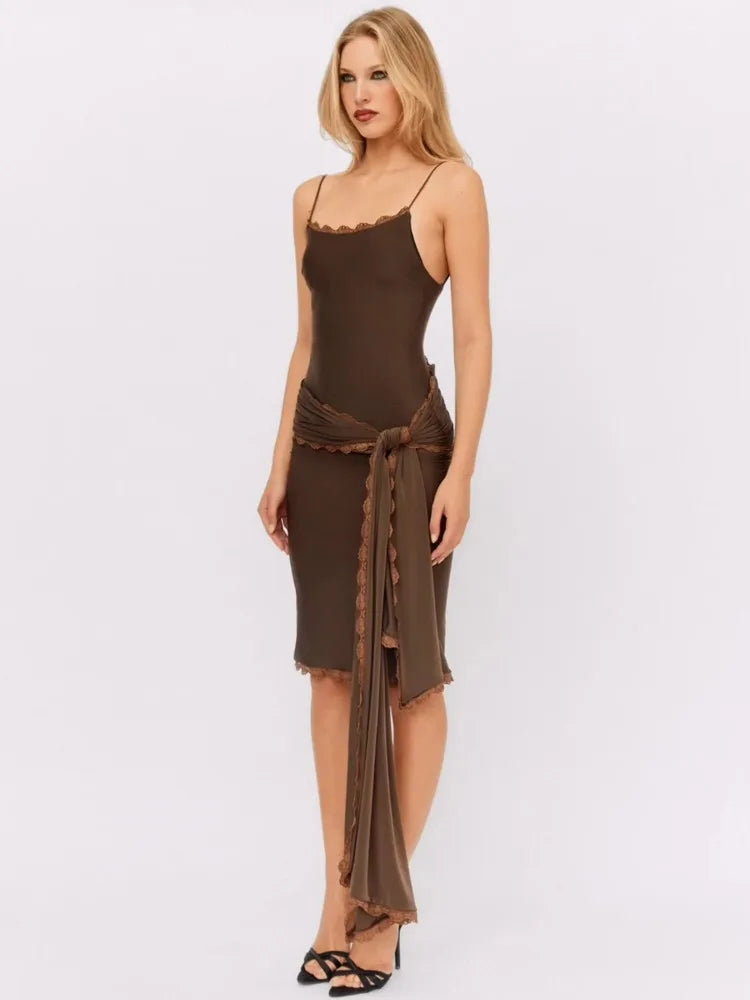 Brown Lace Backless Midi Dress