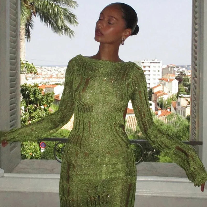 Green Knitted See Through Backless Maxi Dress