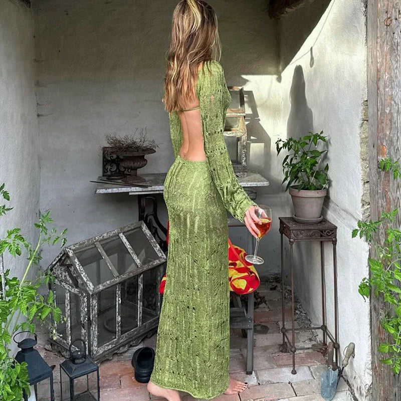 Green Knitted See Through Backless Maxi Dress