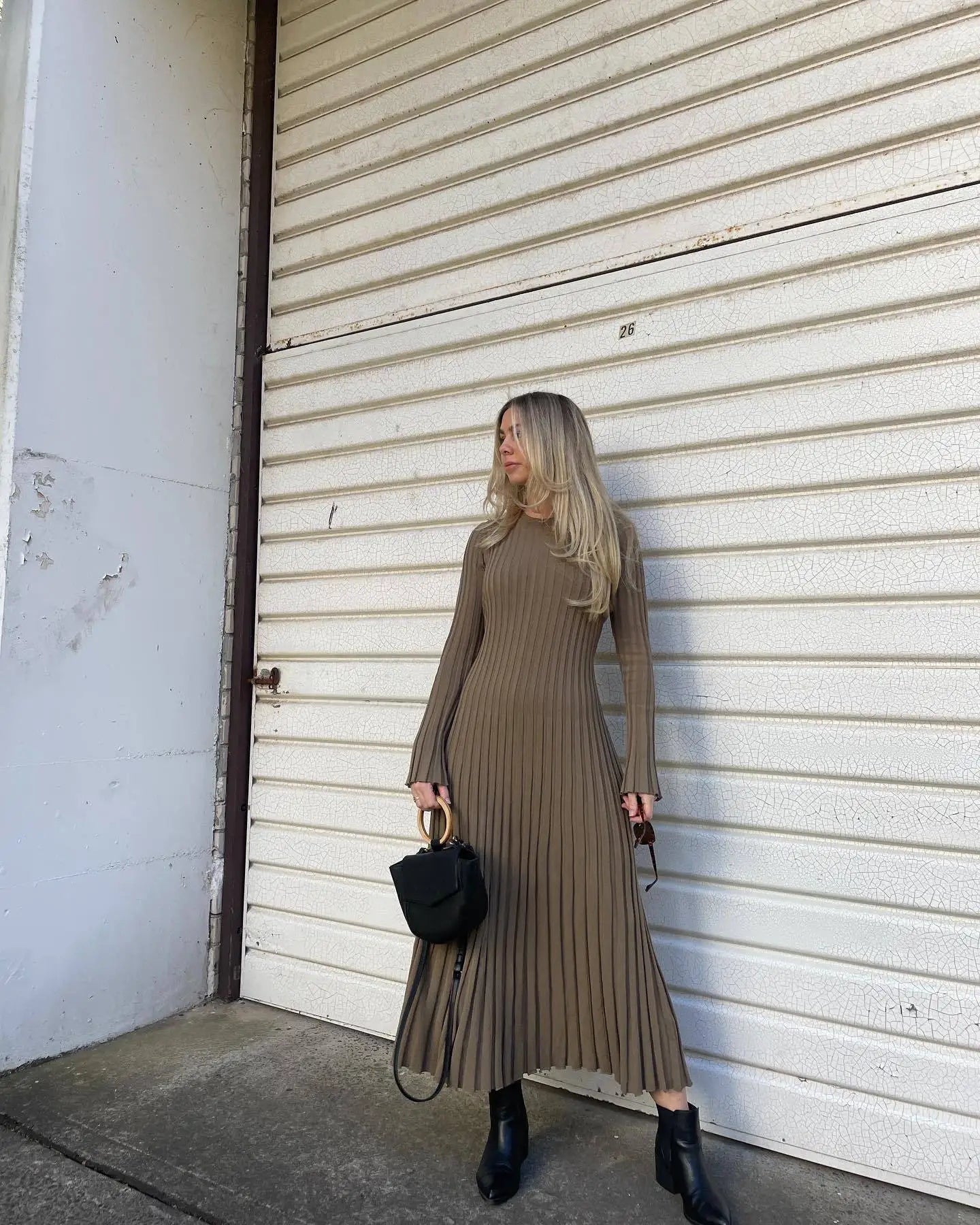 Lace-Up Long Sleeve Knitwear Maxi Dress