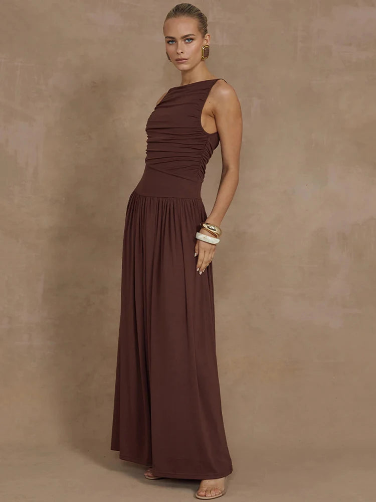 O-Neck Ruched Maxi Dress