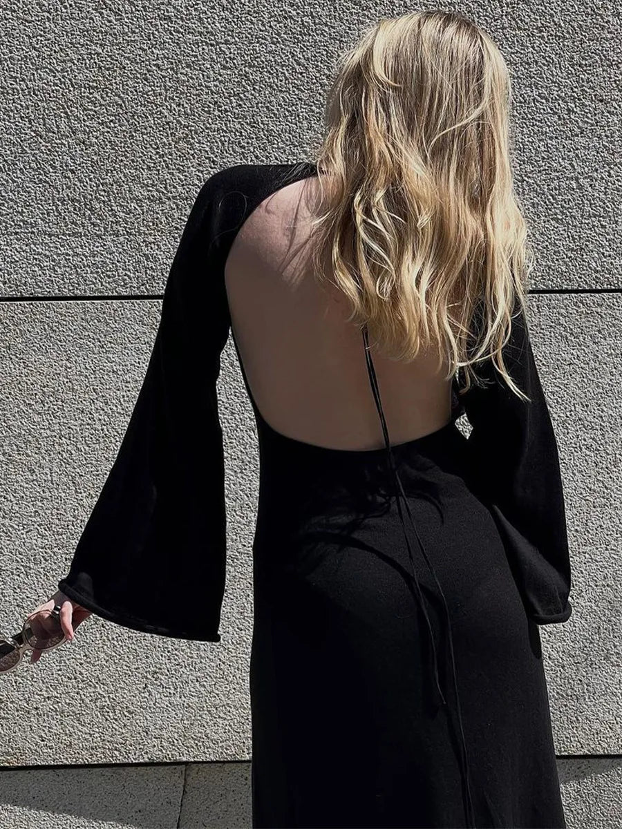 Knitted Backless Long Sleeve Maxi Dress