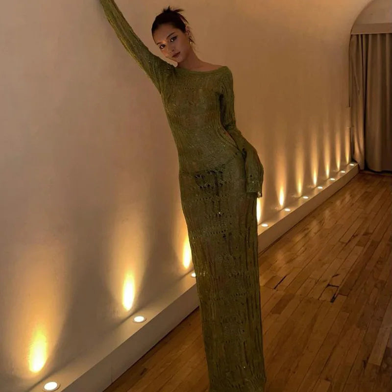 Green Knitted See Through Backless Maxi Dress