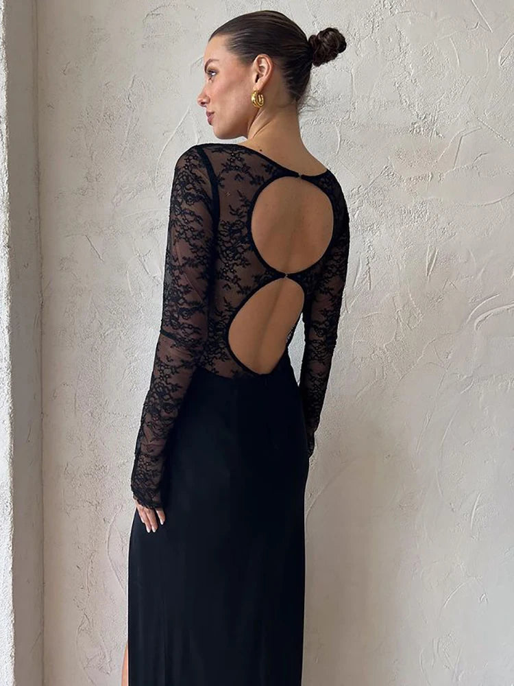 Black See Through Lace Slit Maxi Dress