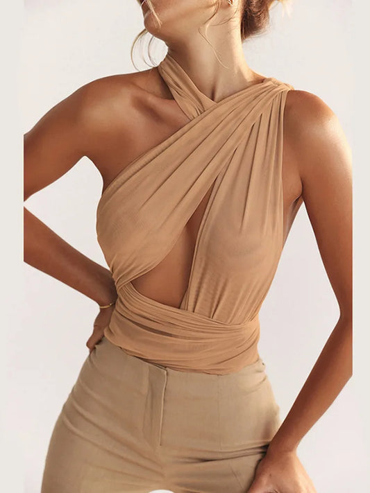 Khaki Mesh Backless Bodysuit