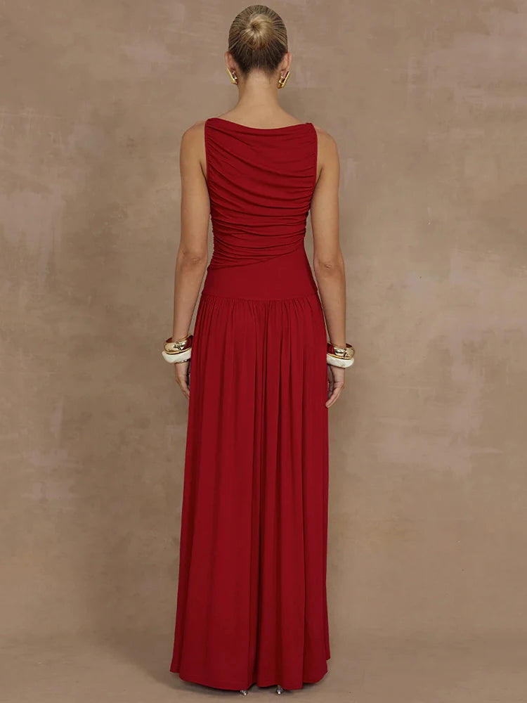 O-Neck Ruched Maxi Dress