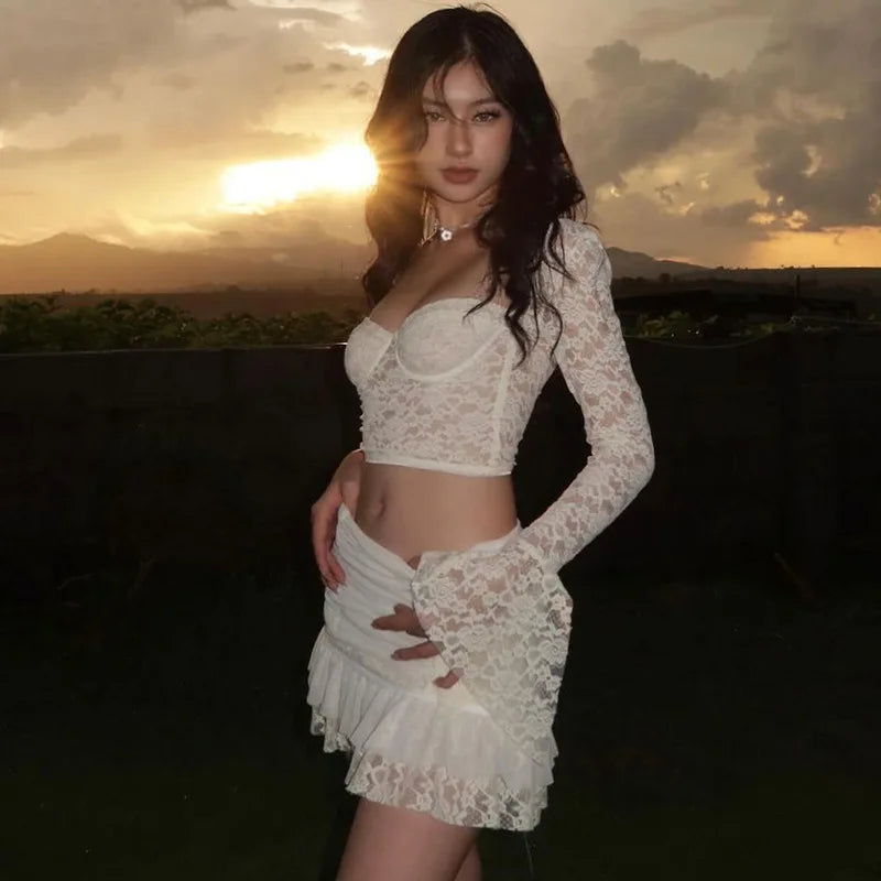 White Lace See Through Top Skirt Two Piece Set