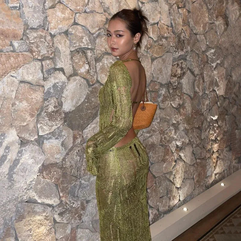 Green Knitted See Through Backless Maxi Dress