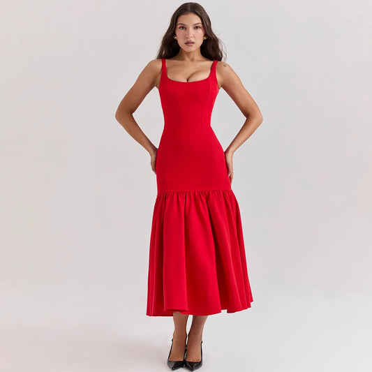 Red Ruffles Fishtail Midi Dress