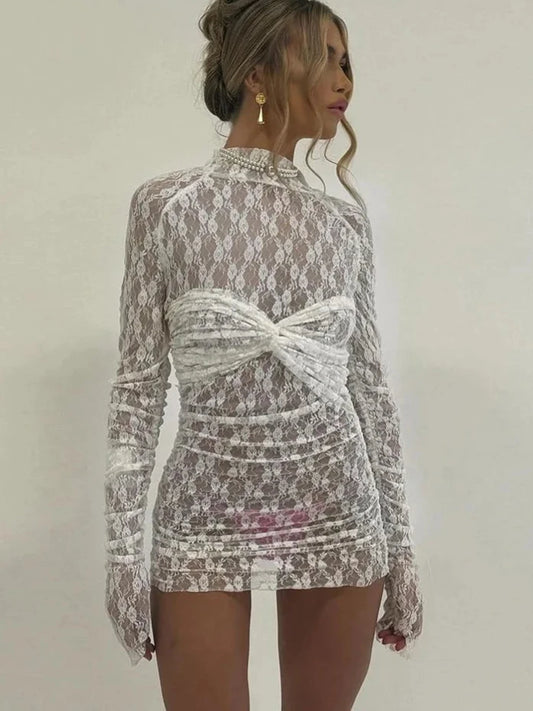 White Lace See Through Mini Dress