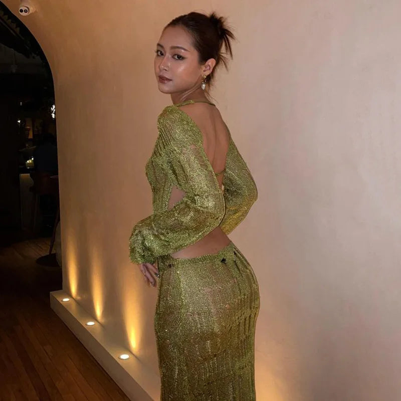 Green Knitted See Through Backless Maxi Dress