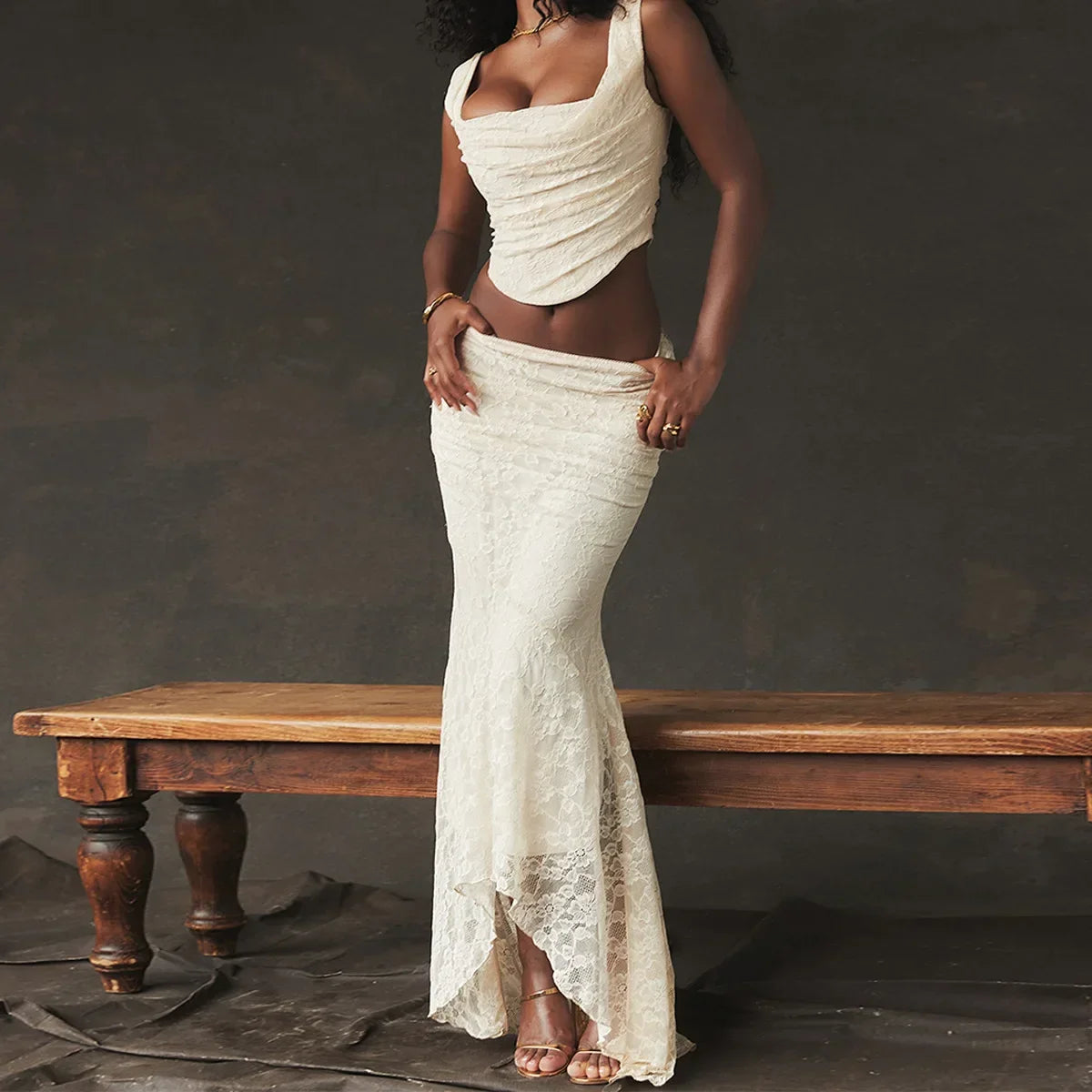 Ivory Lace Top and Maxi Skirt 2-Piece Set