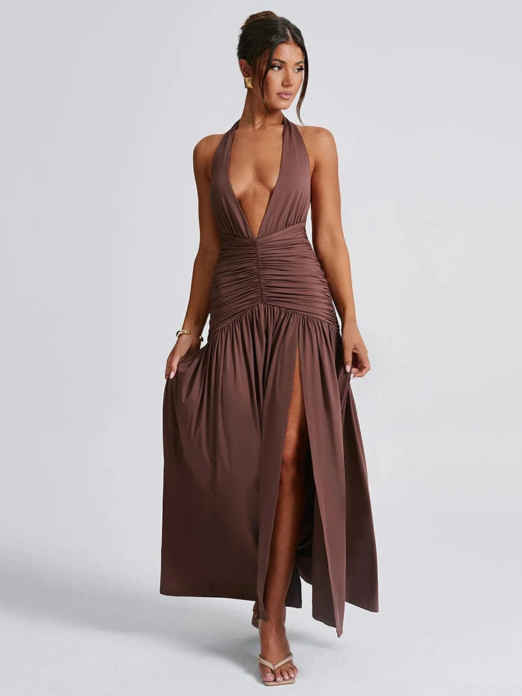 Deep V Neck Backless Maxi Dress