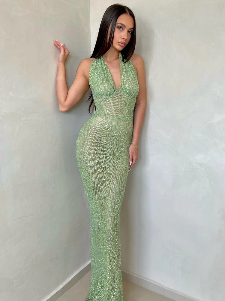 Green Deep V-Neck Backless Maxi Dress