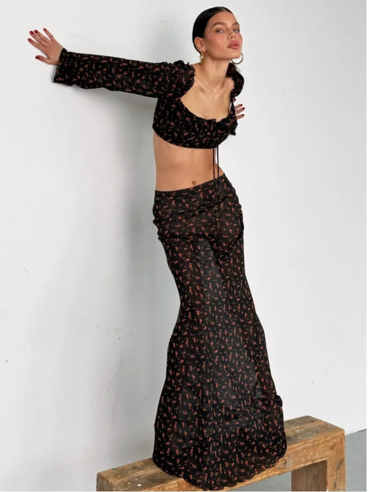 Black Long Sleeved Top Maxi Skirt Two Piece Set