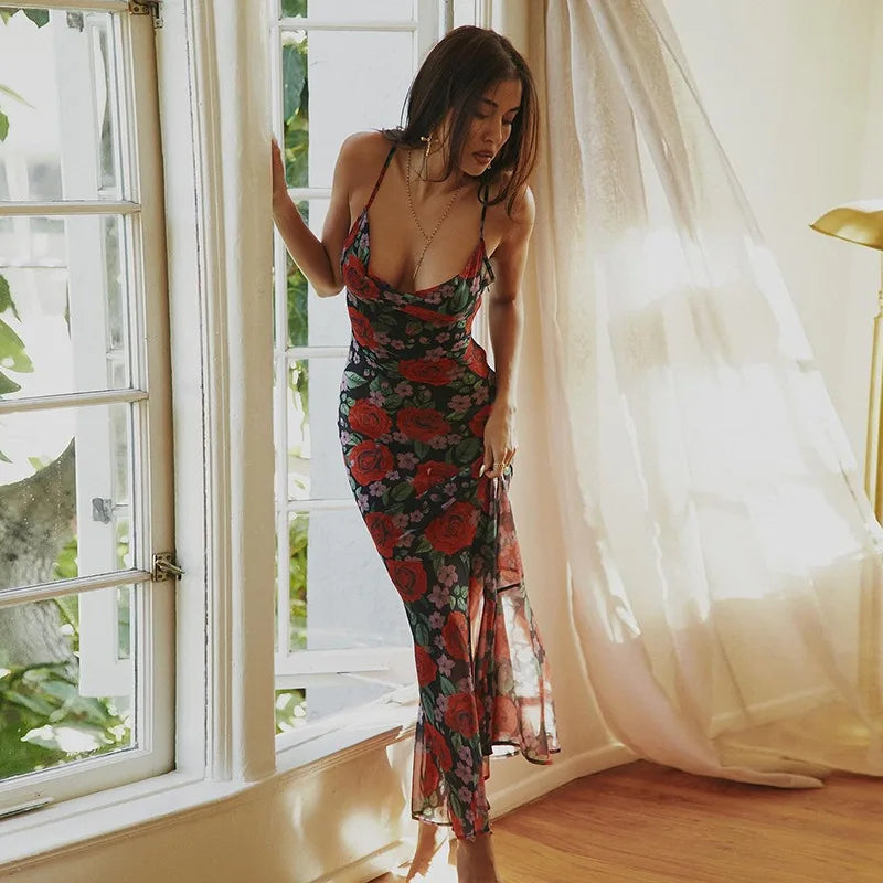 Red Floral See Through Maxi Dress