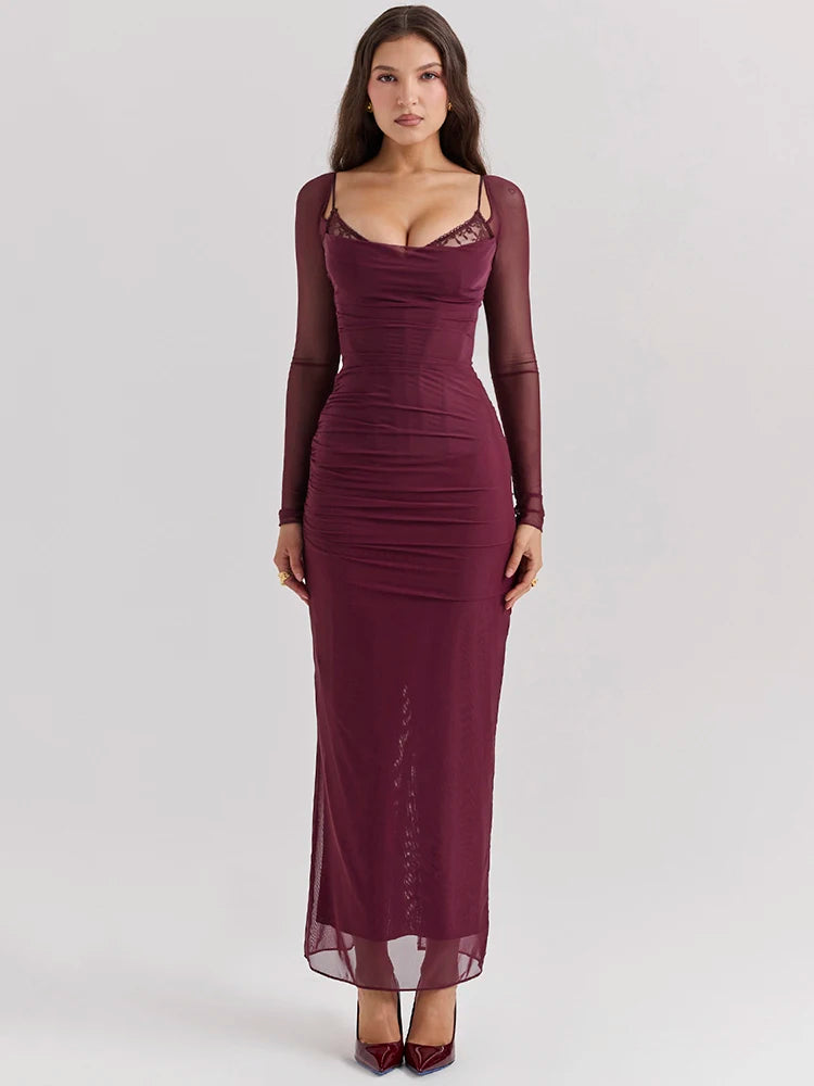 Wine Sheer Mesh Maxi Dress