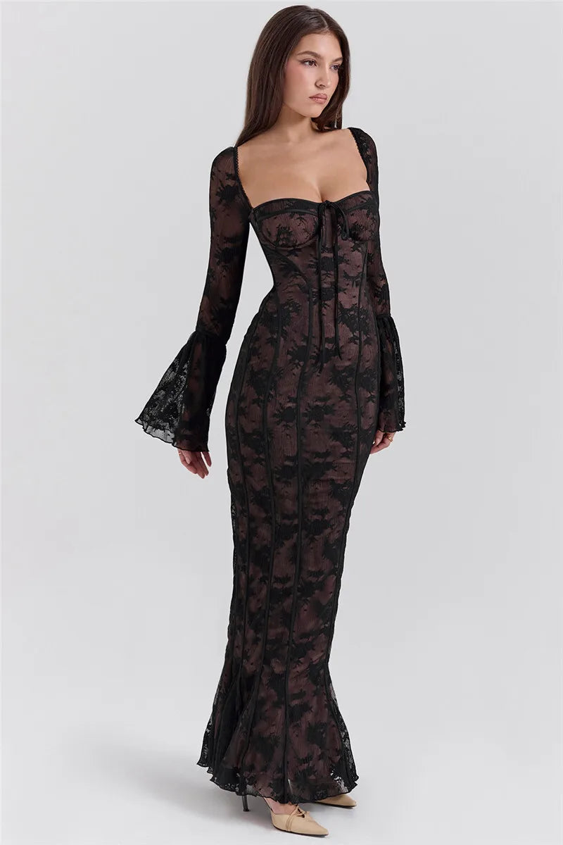 Lace Flare Sleeve Bodycon Maxi Dress