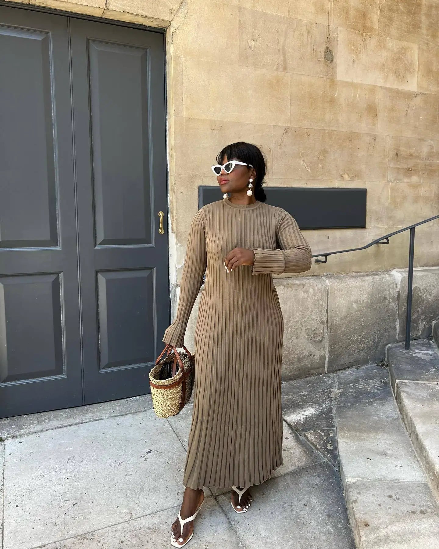 Lace-Up Long Sleeve Knitwear Maxi Dress