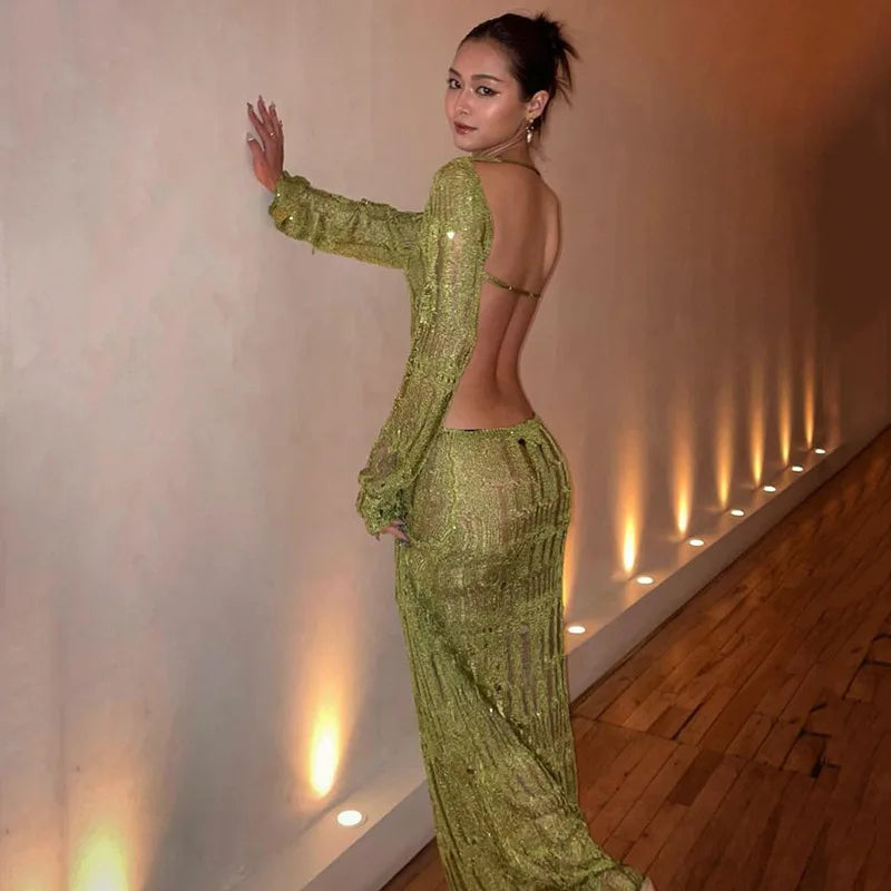 Green Knitted See Through Backless Maxi Dress