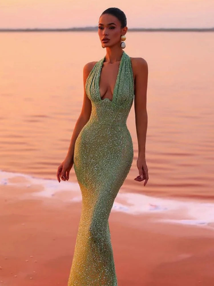 Green Deep V-Neck Backless Maxi Dress