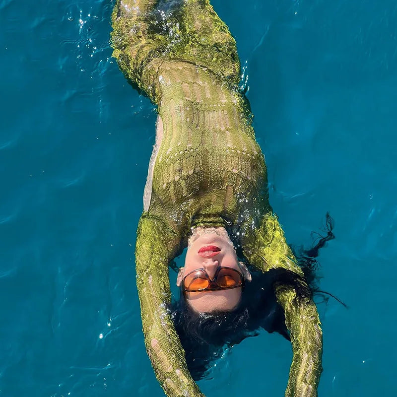 Green Knitted See Through Backless Maxi Dress