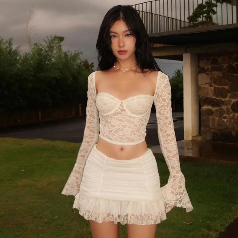 Lace See Through Top and Skirt Set