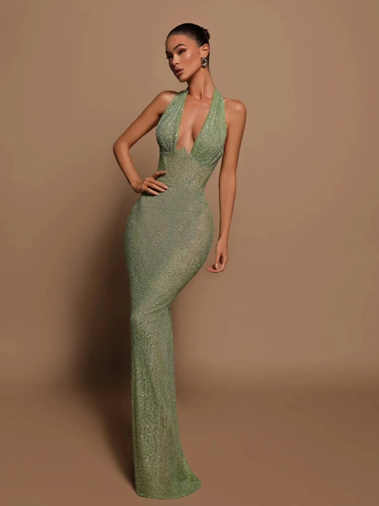 Green Deep V-Neck Backless Maxi Dress