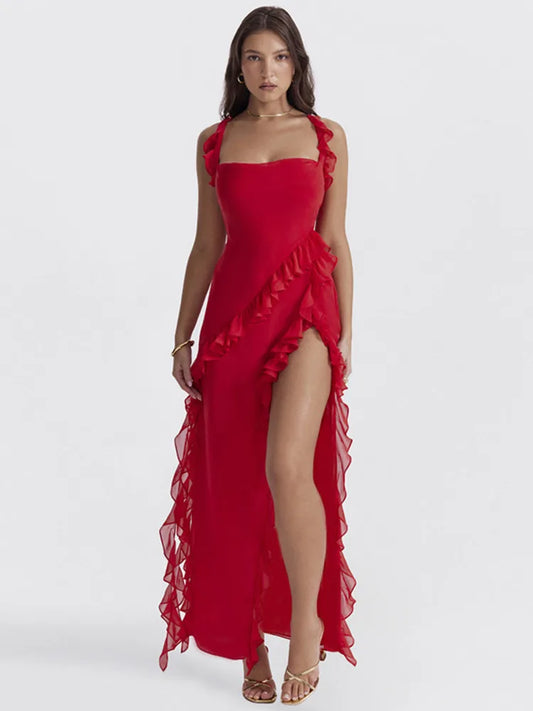 Red Ruffle Split Backless Midi Dress