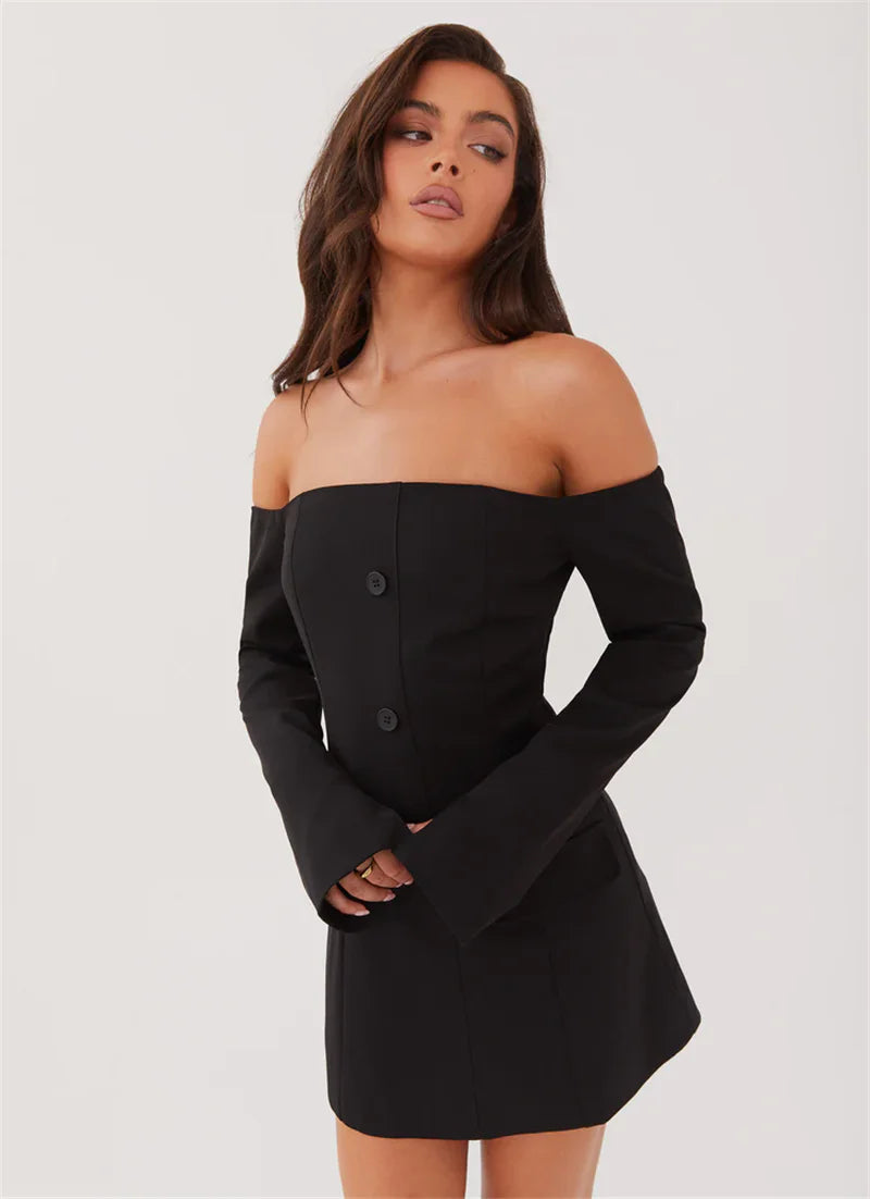 Off Shoulder Button Mini Dress