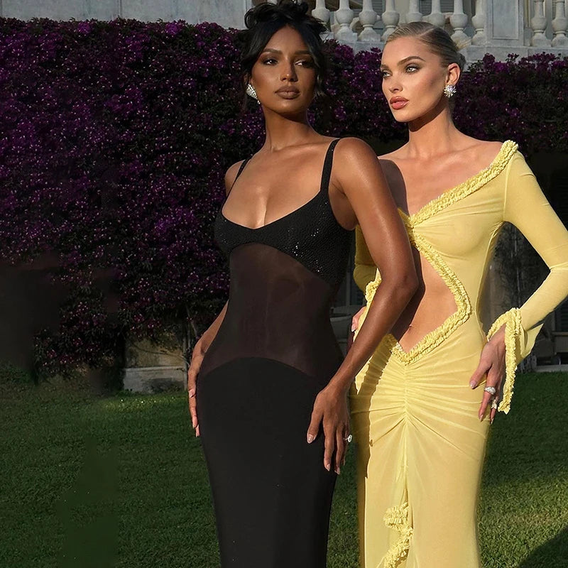 Yellow Mesh See Through Maxi Dress