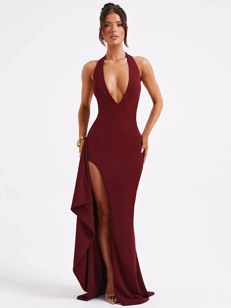 Deep V Neck Split Backless Maxi Dress