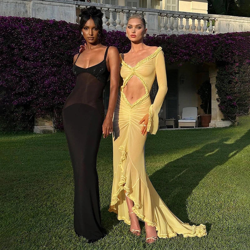 Yellow Mesh See Through Maxi Dress