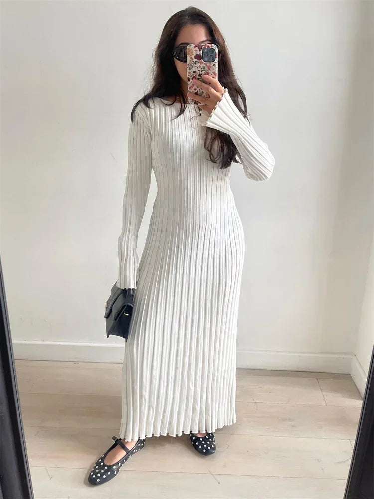 Lace-Up Long Sleeve Knitwear Maxi Dress