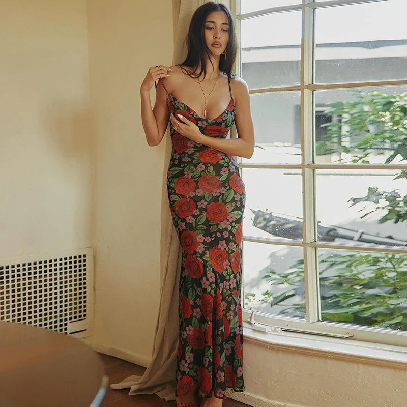 Red Floral See Through Maxi Dress