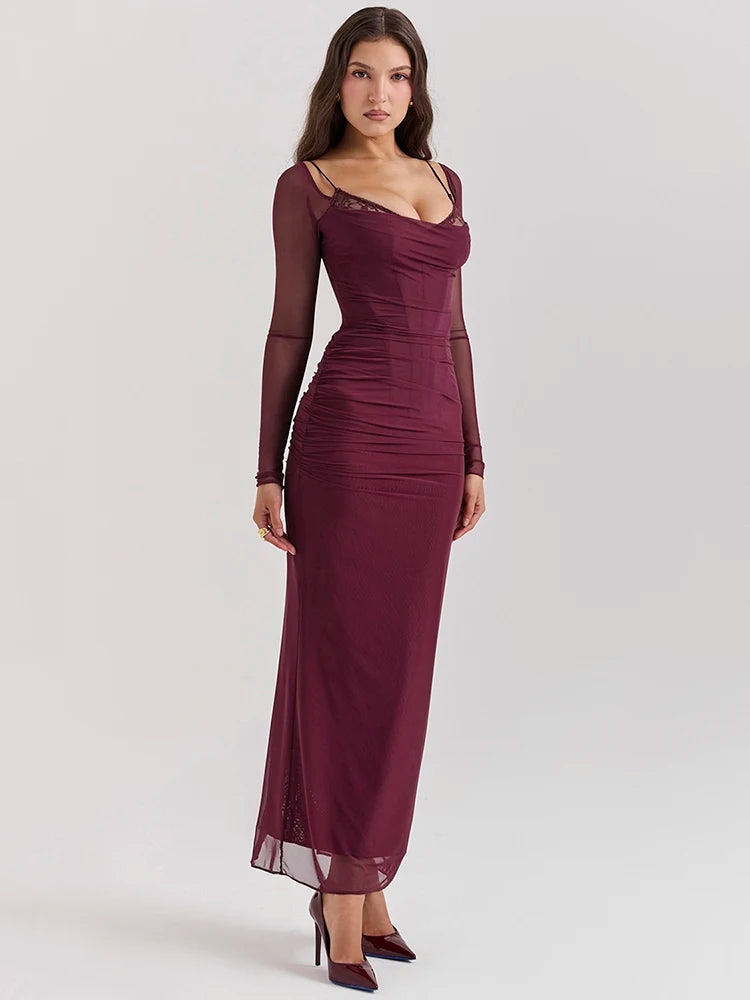 Wine Sheer Mesh Maxi Dress