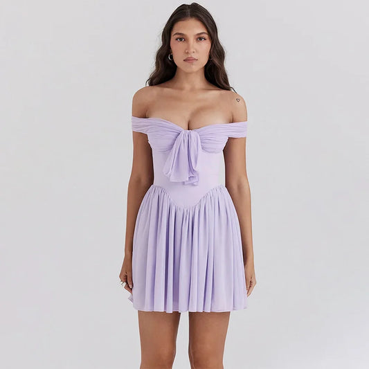 Purple Off Shoulder Mesh Mini Dress