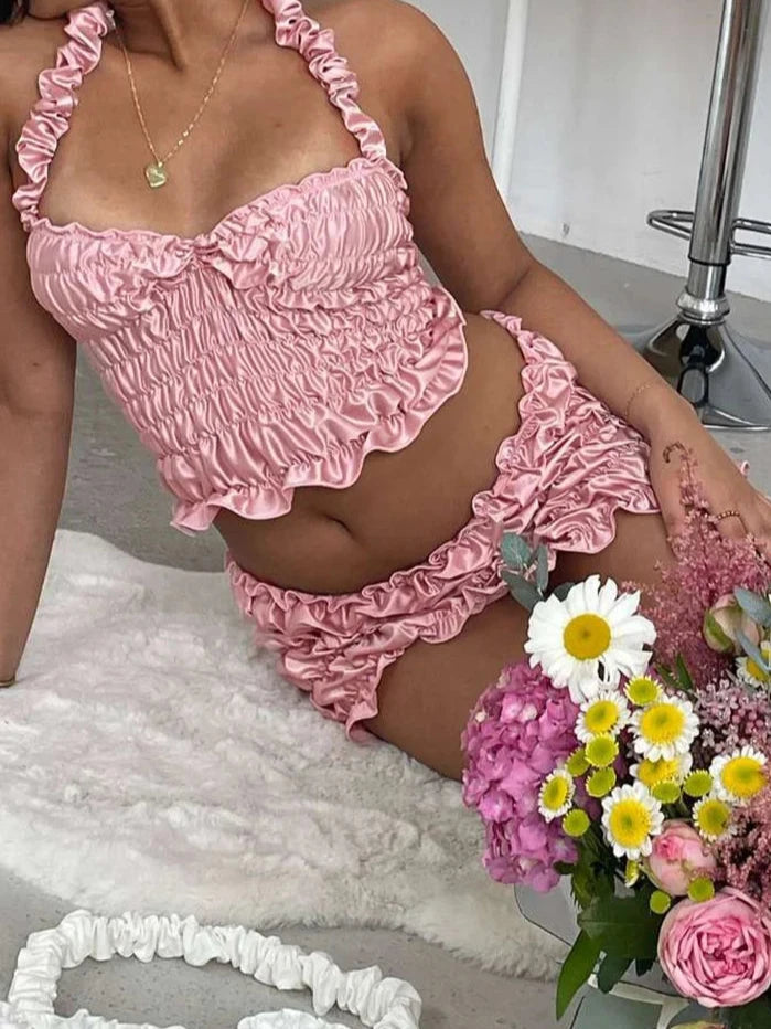 Pink Silky Top and Mini Skirt Set