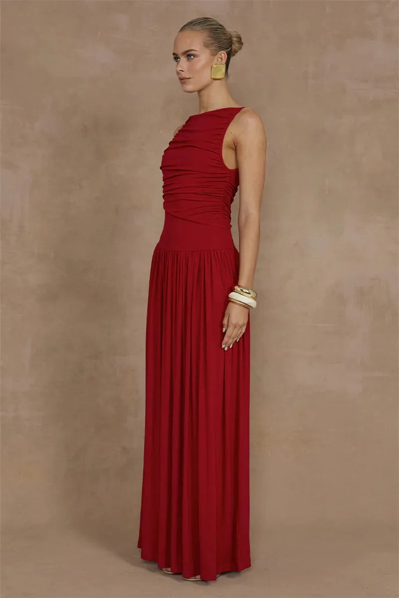 O-Neck Ruched Maxi Dress