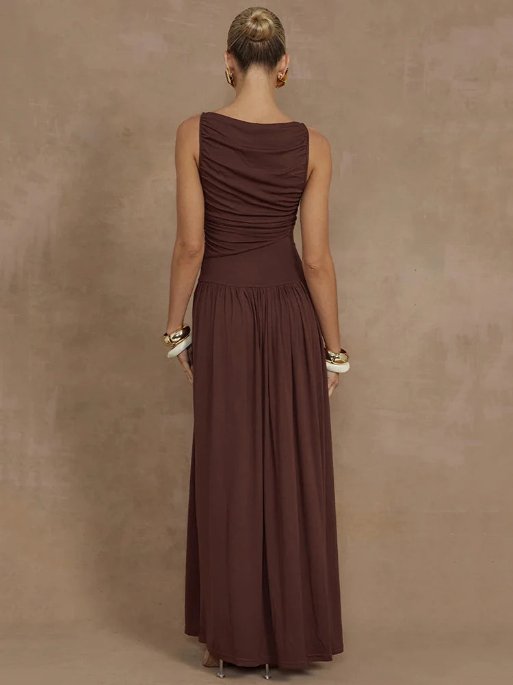 O-Neck Ruched Maxi Dress