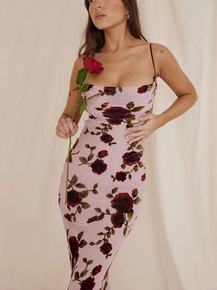 Pink Floral Backless Bodycon Midi Dress