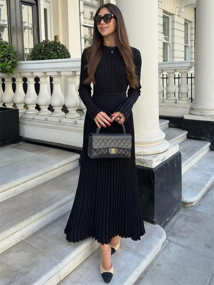 Lace-Up Long Sleeve Knitwear Maxi Dress