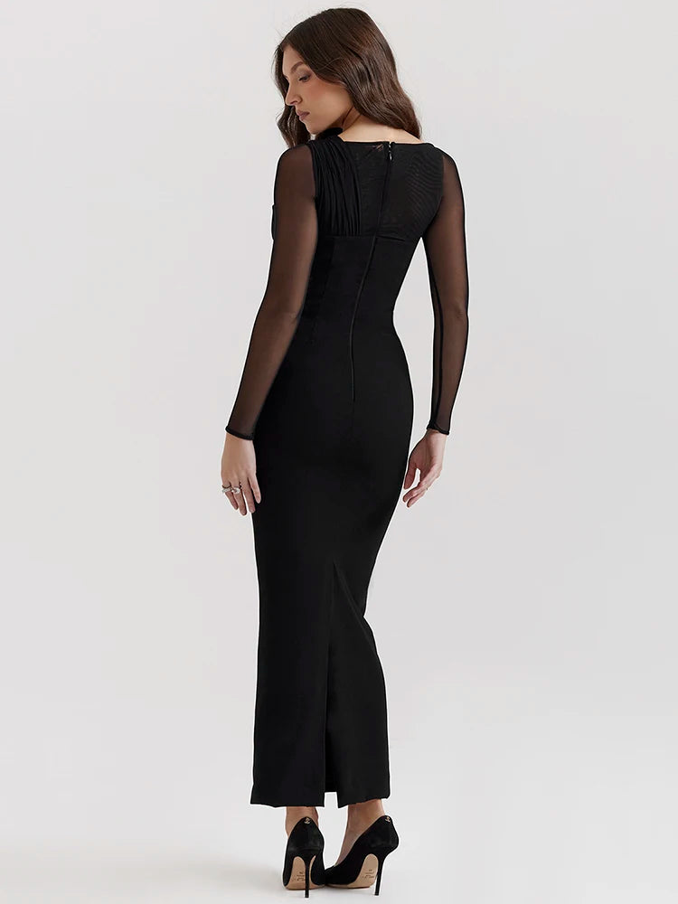 Black Hollow Out Mesh Bodycon Maxi Dress