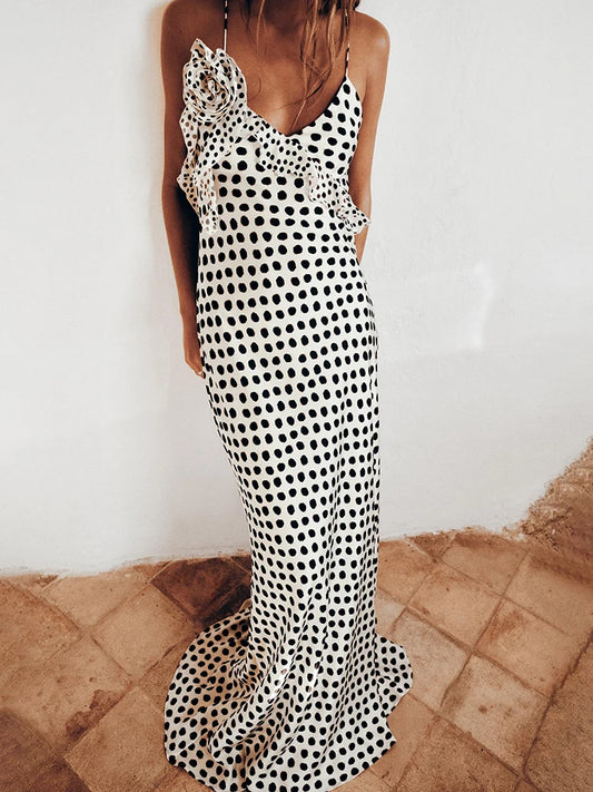 White Backless 3D Flower Dots Maxi Dress