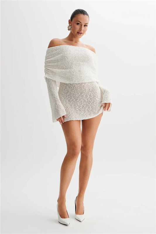 See-Through Knitted Off-Shoulder Mini Dress